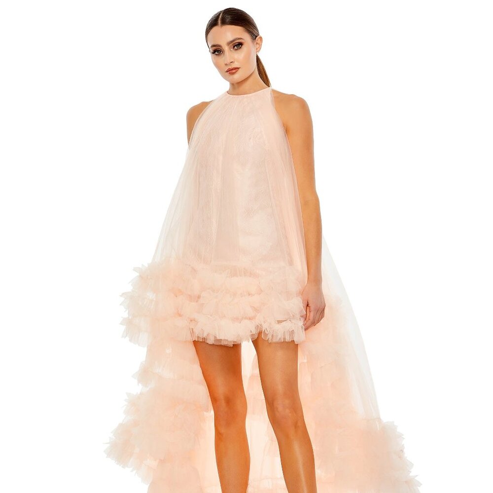 MAC DUGGAL TULLE HIGH NECK SLEEVELESS RUFFLED HEM HI-LO GOWN